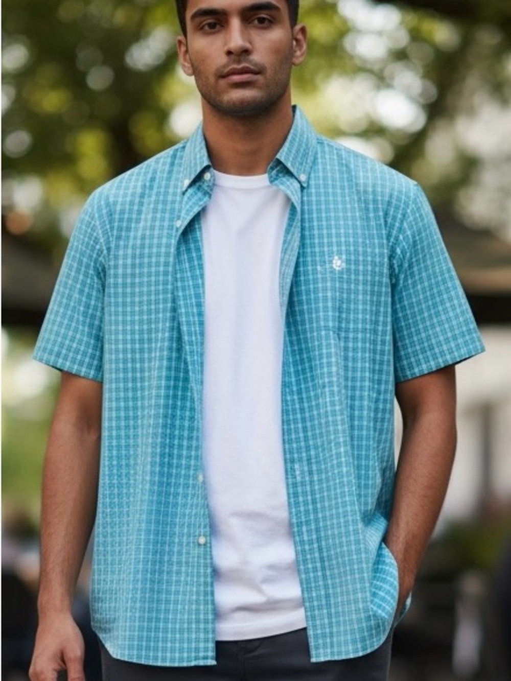 Chaps Turquoise Plaid Short-Sleeve Button-Down Shirt